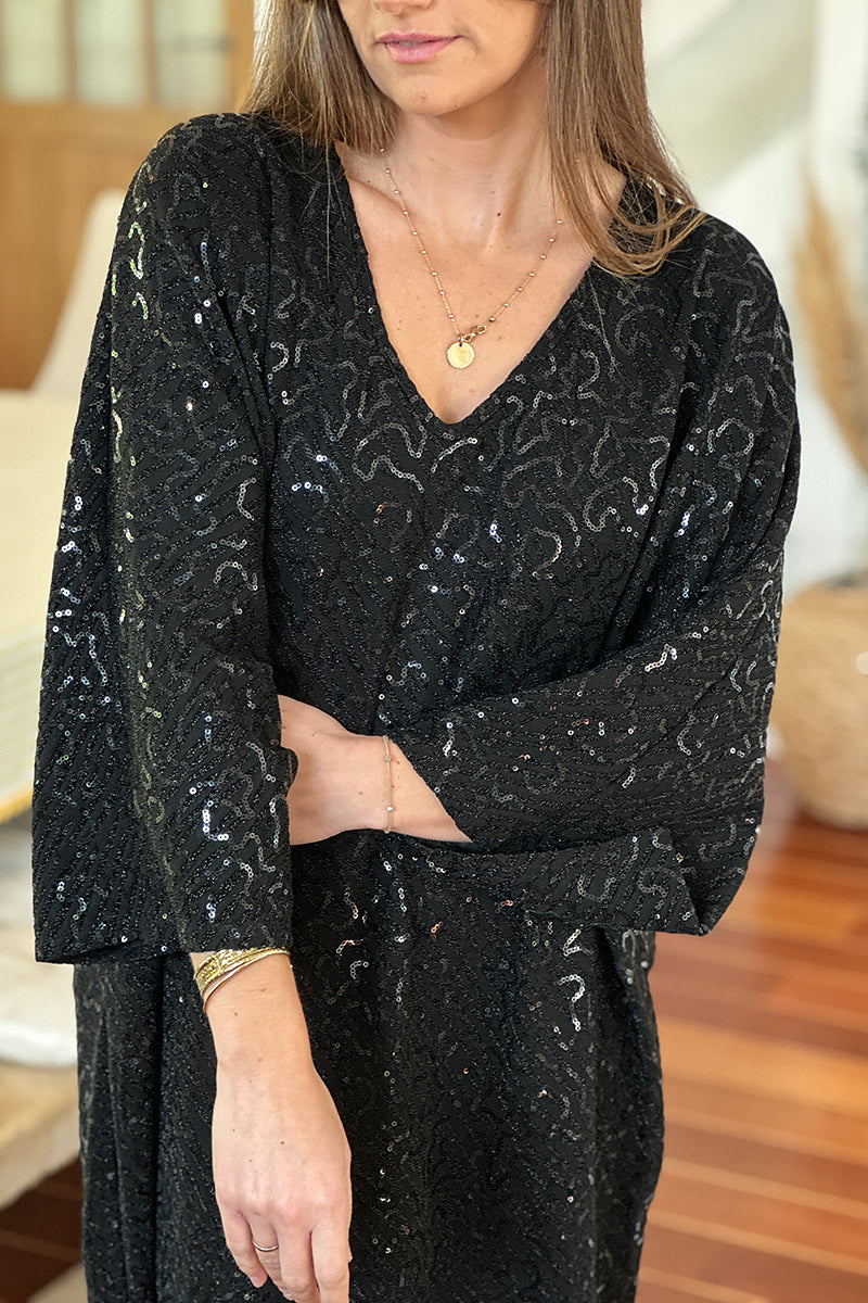 Black Sequin Patterned Tunic Dress
