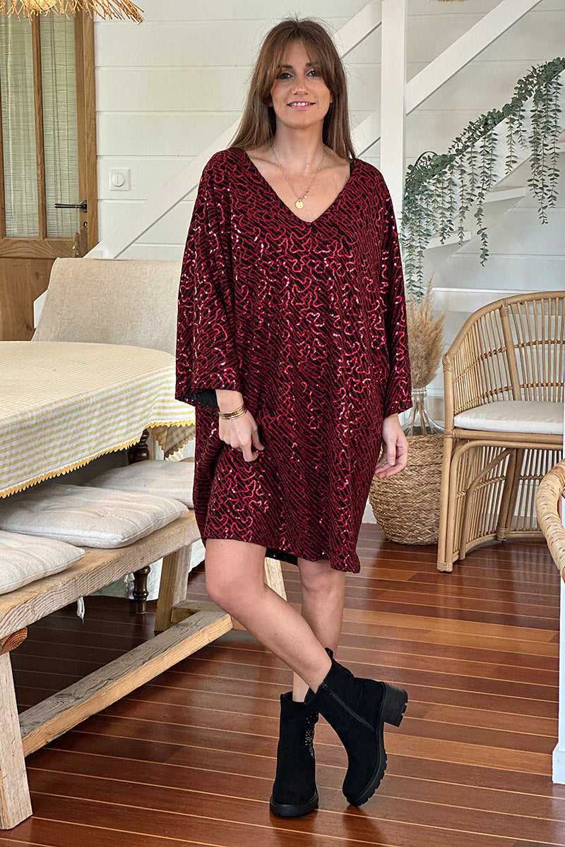 Burgundy Sequin Patterned Tunic Dress