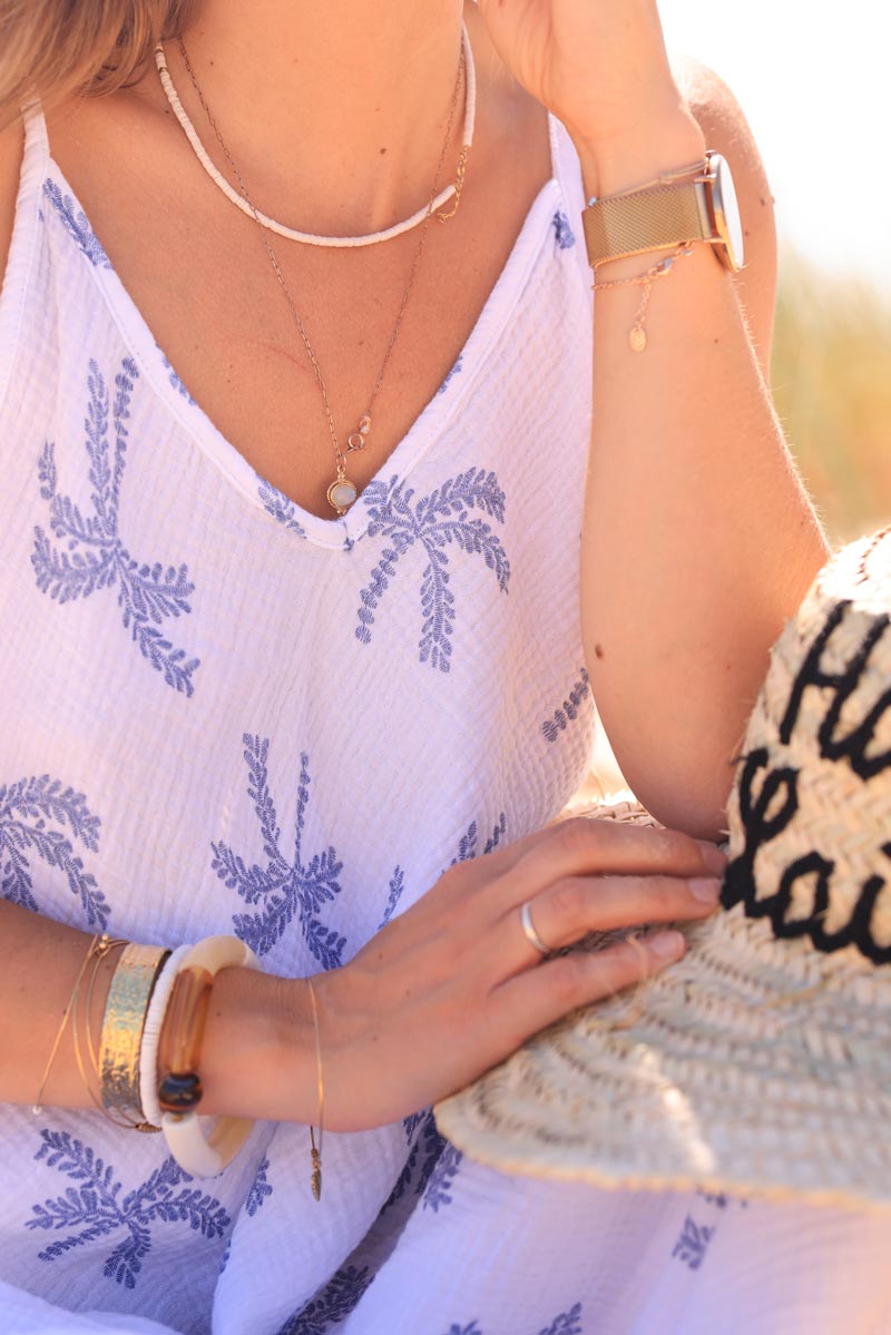 Crinkle cotton gauze midi dress with blue palm tree embroidery print