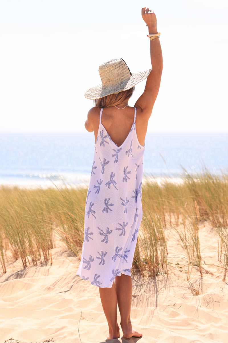 Crinkle cotton gauze midi dress with blue palm tree embroidery print