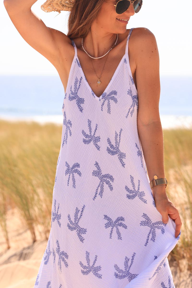 Crinkle cotton gauze midi dress with blue palm tree embroidery print