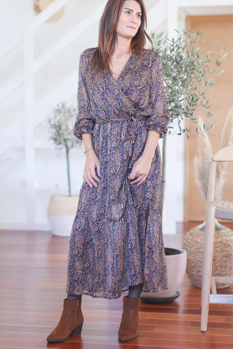 Robe mi longue cache coeur effet satine imprime cachemire e225 (1)