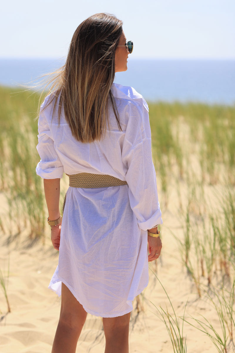 Robe mi longue légère blanche coupe chemise boutonnée