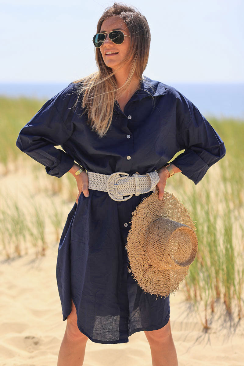 Navy blue cotton midi shirt dress
