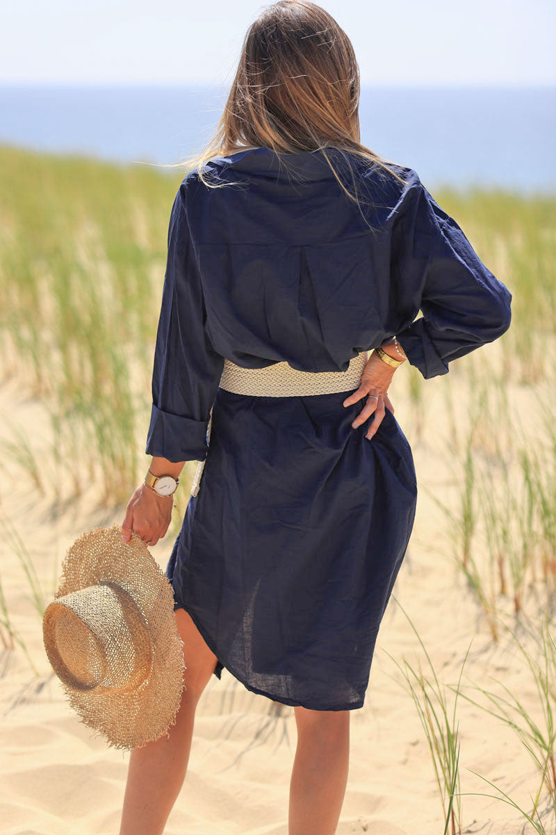 Navy blue cotton midi shirt dress