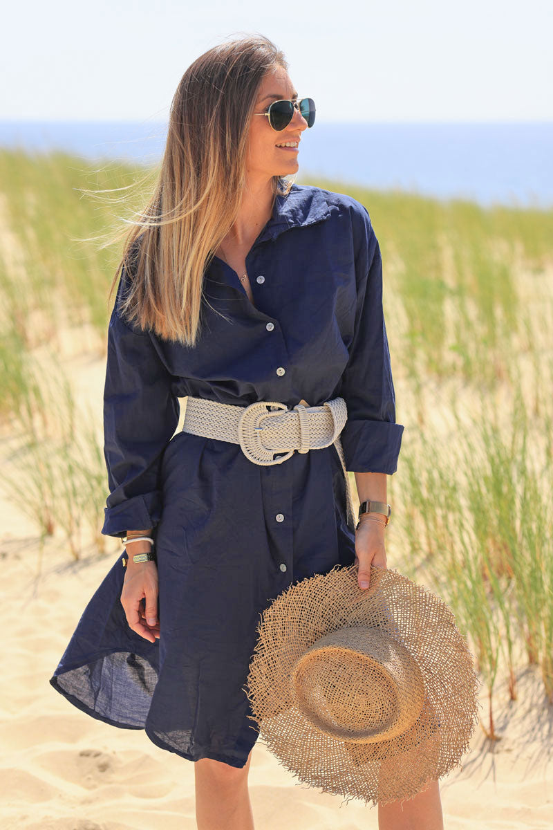 Navy blue cotton midi shirt dress