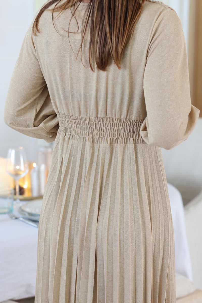 Robe mi longue plissee brillante beige manches ballons g169 (1)