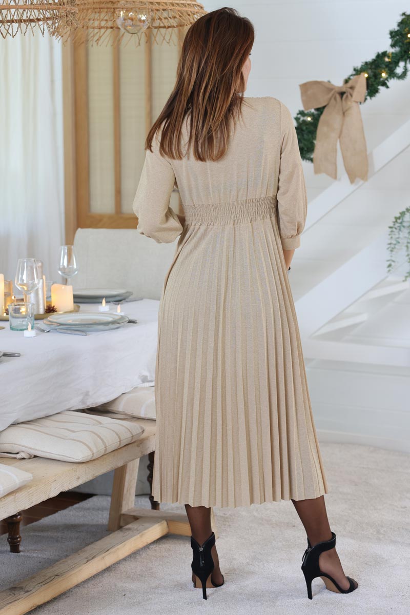 Robe mi longue plissee brillante beige manches ballons g169 (1)
