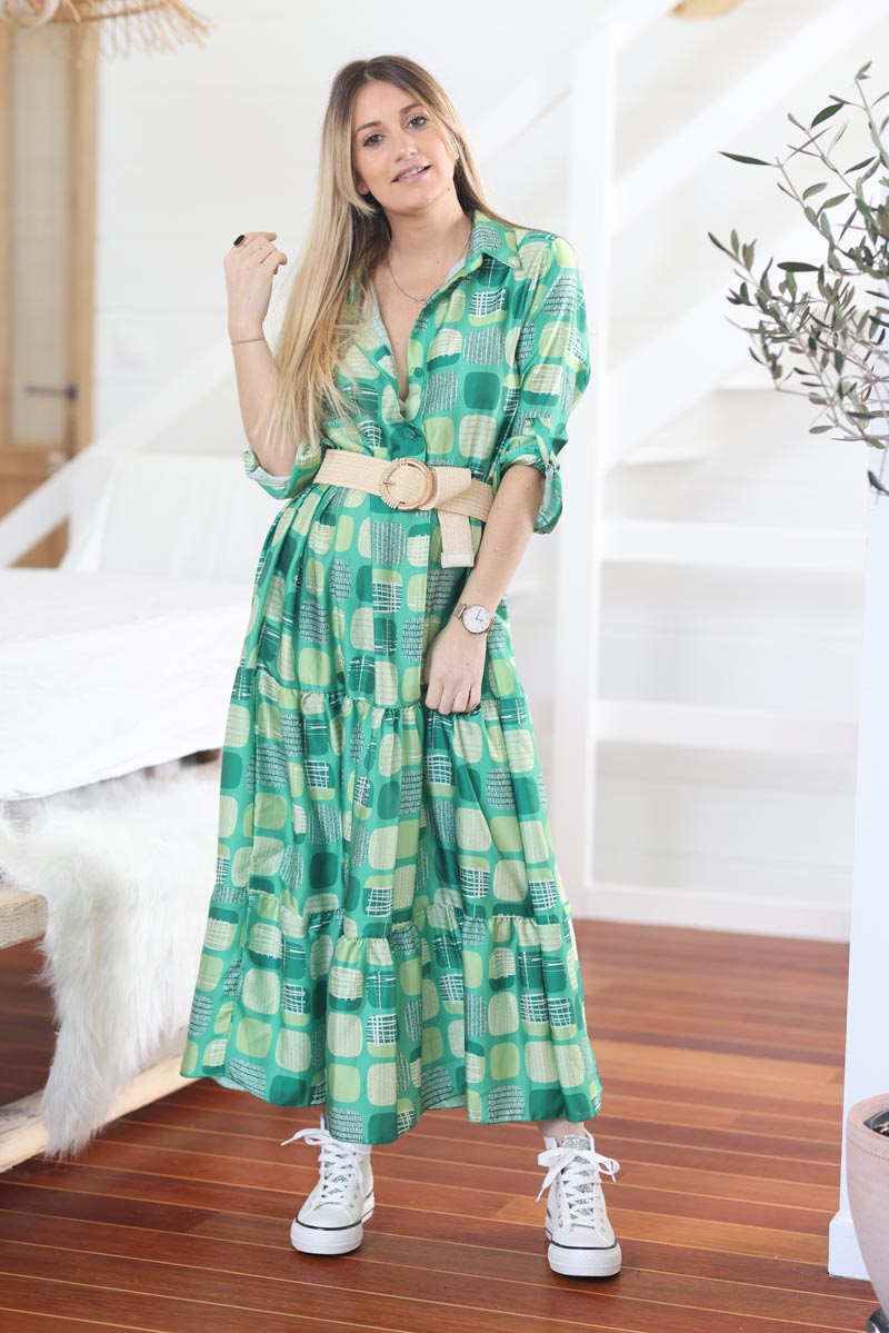 Robe mi longue verte fluide imprime geometrique inspiration 70s g004 (1)