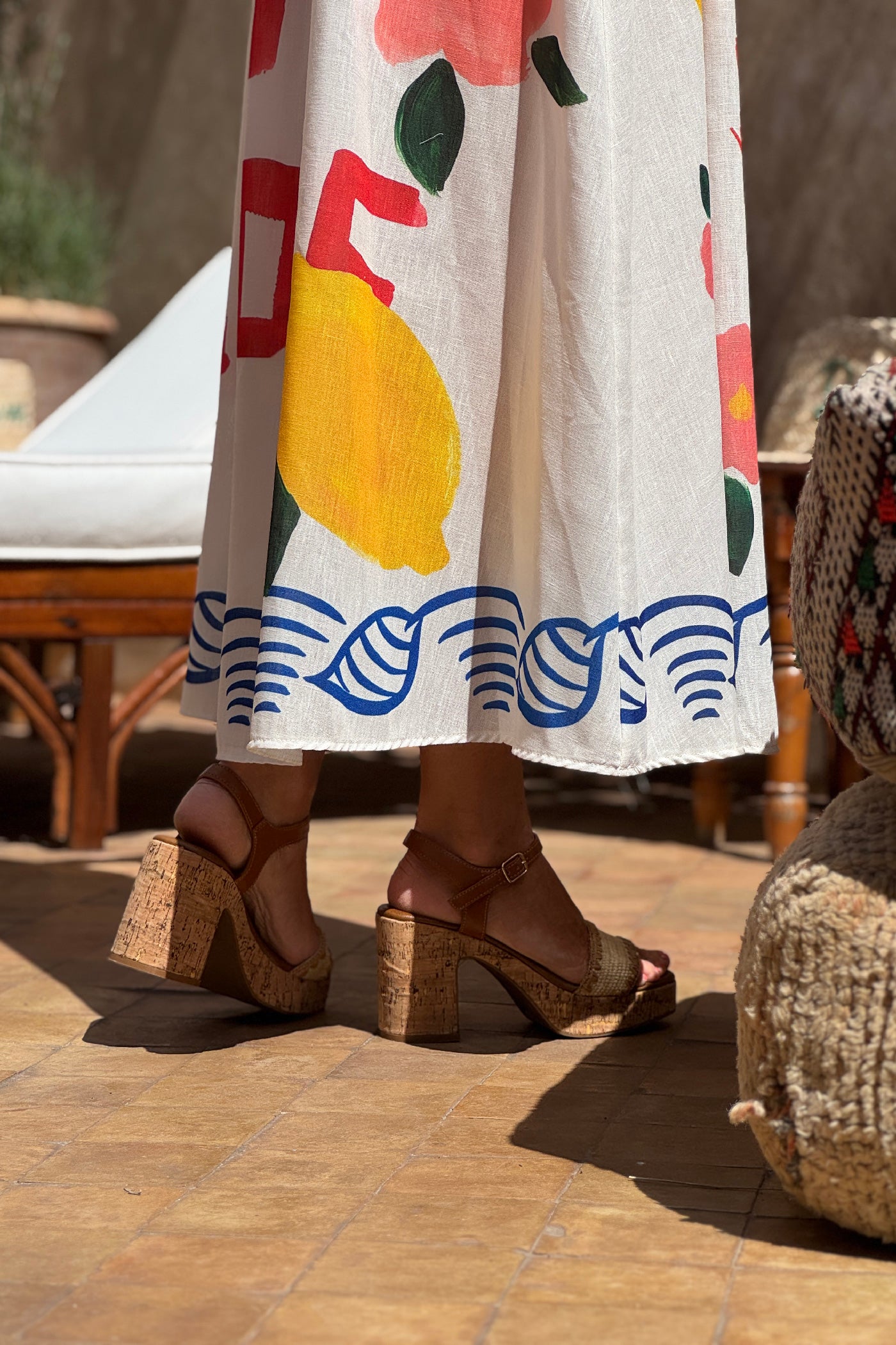 Robe midi à bretelles imprimé coloré homard citron et mandala