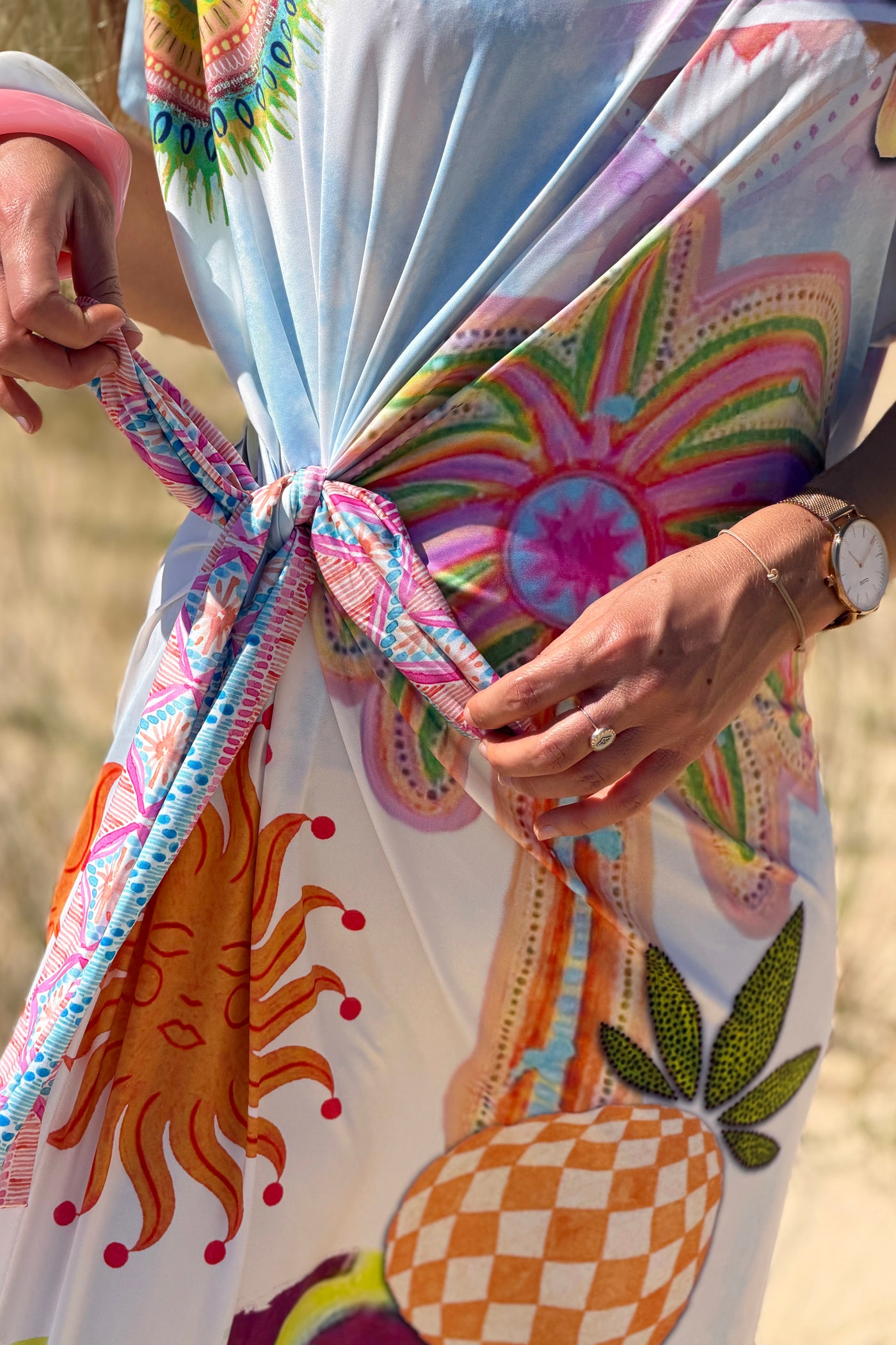 Robe midi stretch style lycra imprimé coloré palmier mandala avec nœud