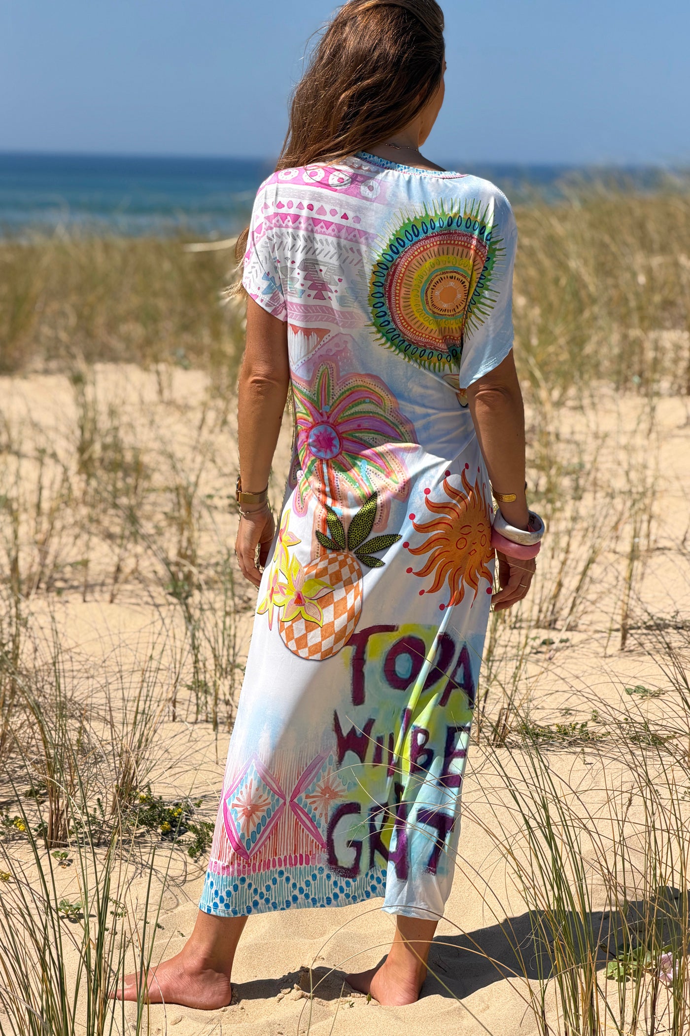 Robe midi stretch style lycra imprimé coloré palmier mandala avec nœud