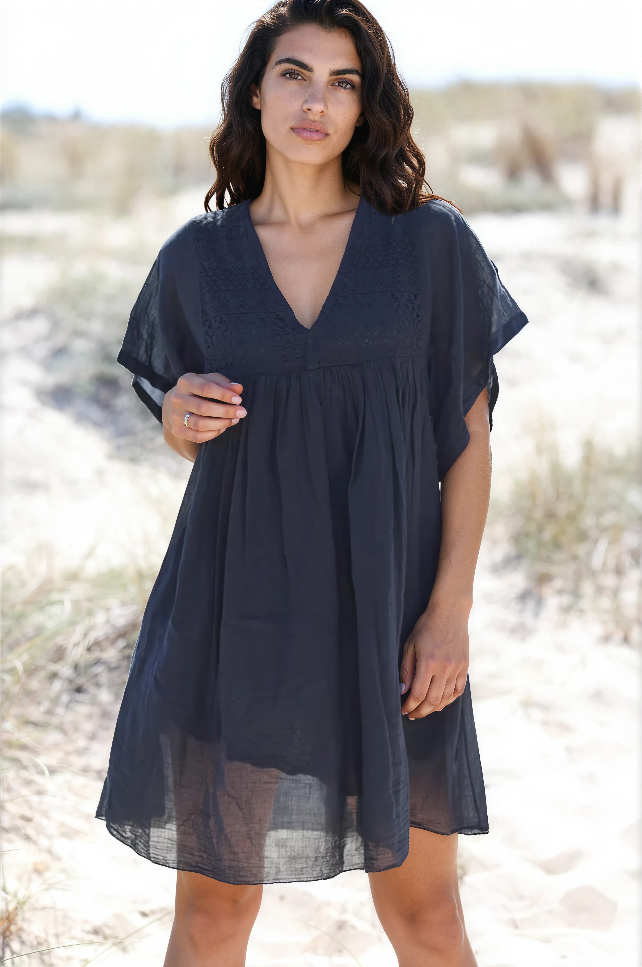 Black Floaty Cotton Dress with Lace Top