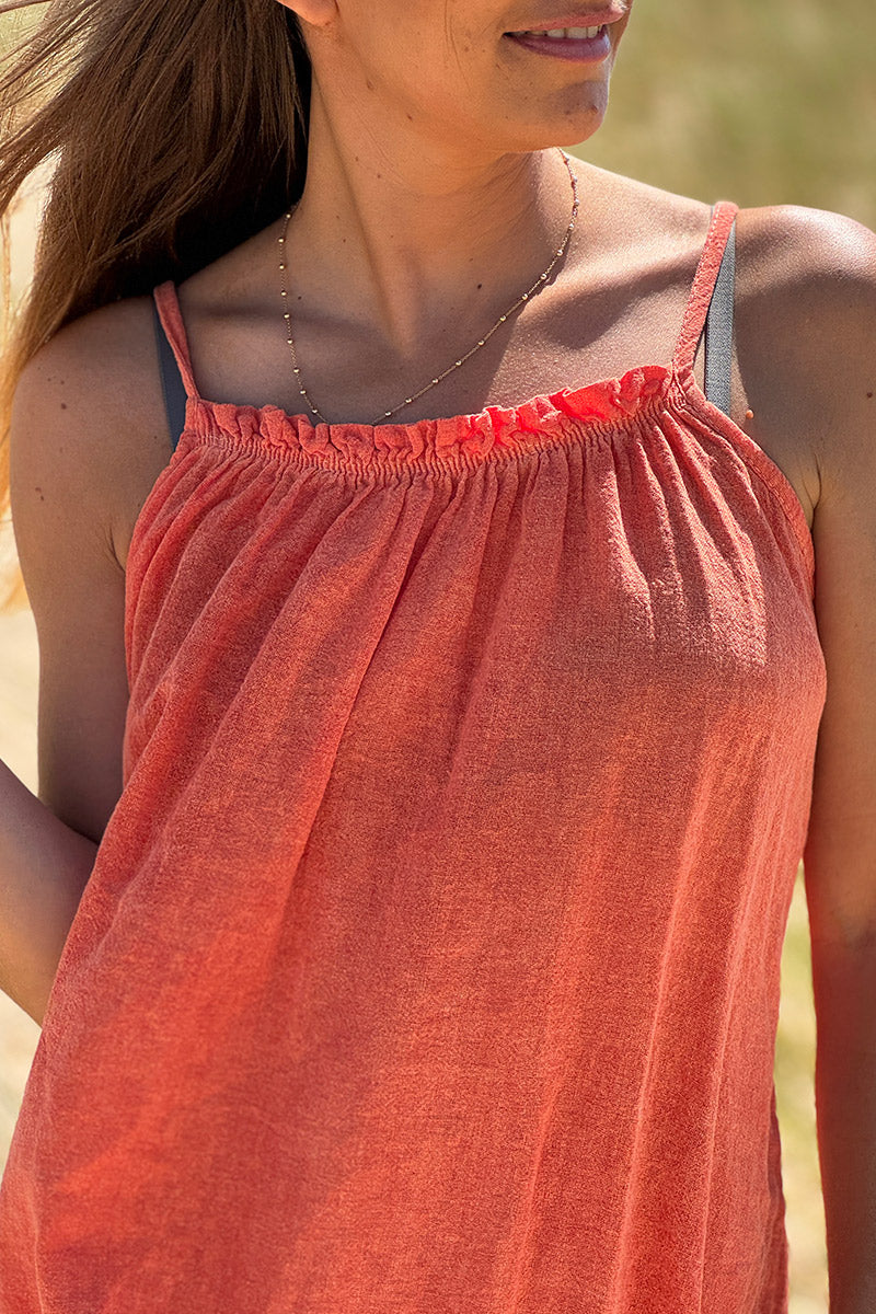 Robe orange à bretelles en coton col élastique bas volants