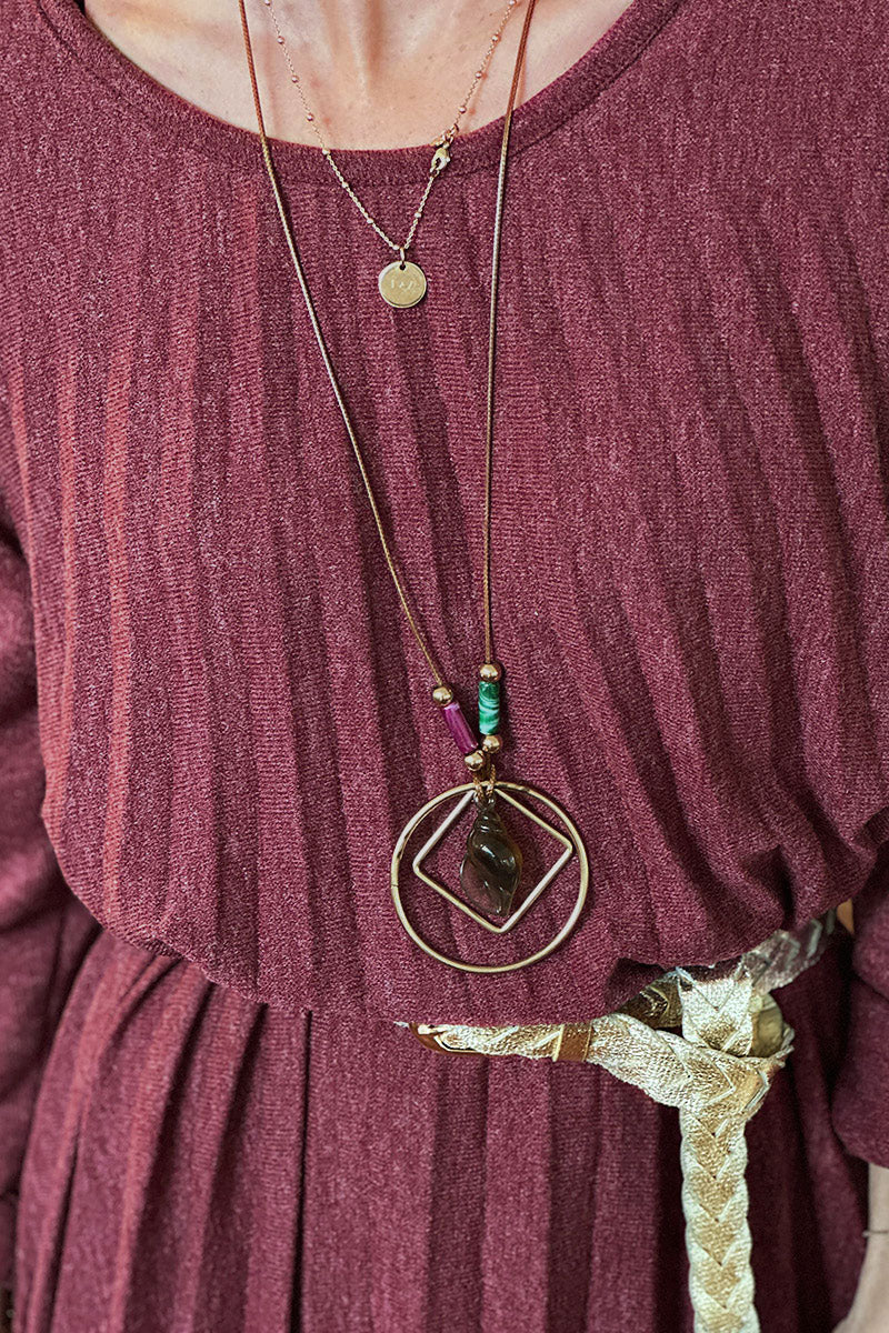 Burgundy Pleated Long-Sleeve Knit Dress with Metallic Woven Belt