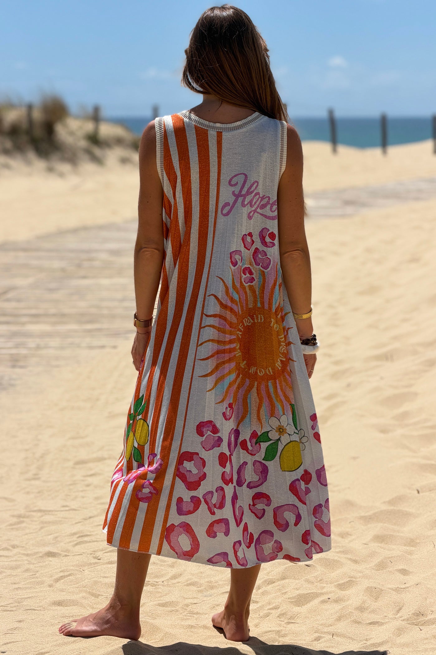 Orange Stripe “Hope” Glitter Knit Pleated Maxi Dress
