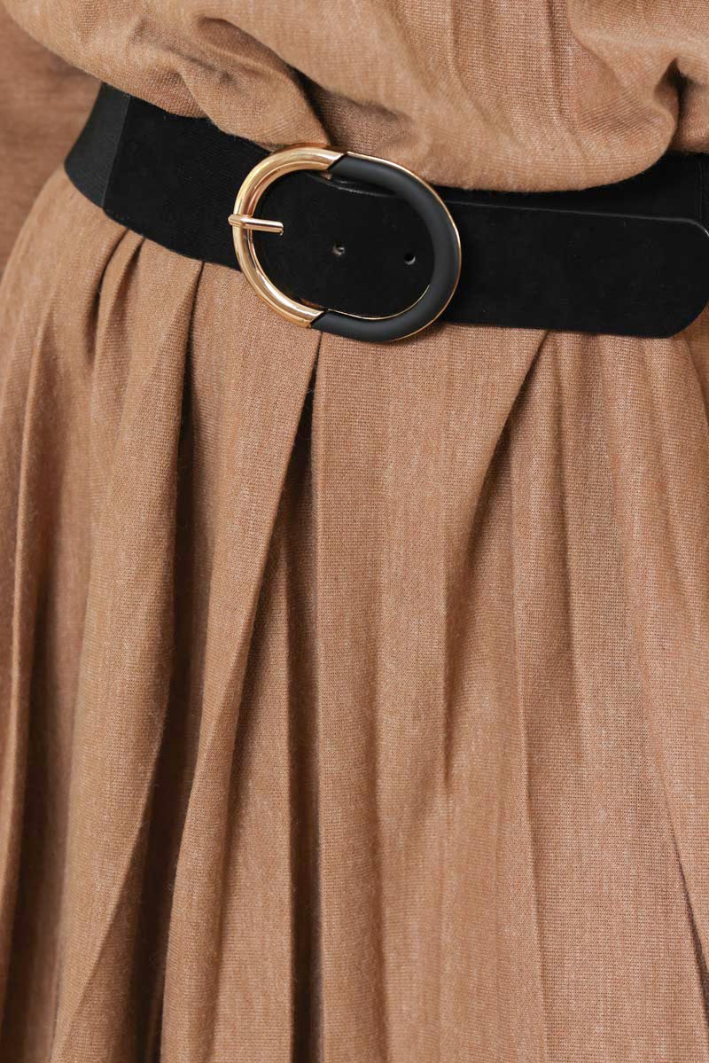 Robe plissee camel en jersey col rond g161 (1)