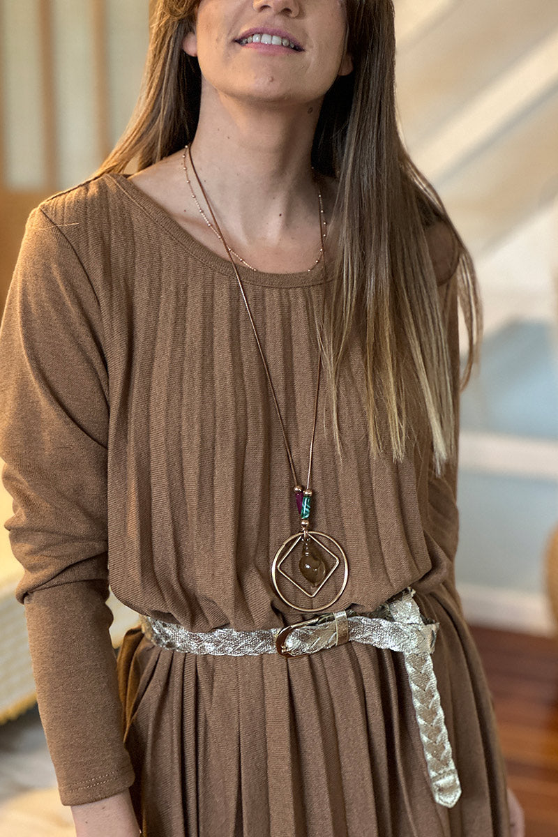 Taupe Pleated Long-Sleeve Knit Dress with Metallic Woven Belt