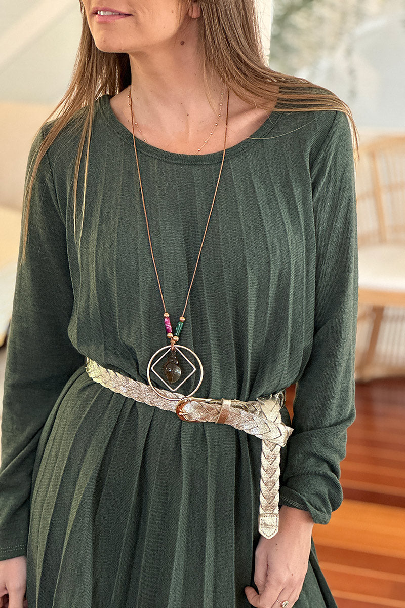 Olive Pleated Long-Sleeve Knit Dress with Metallic Woven Belt