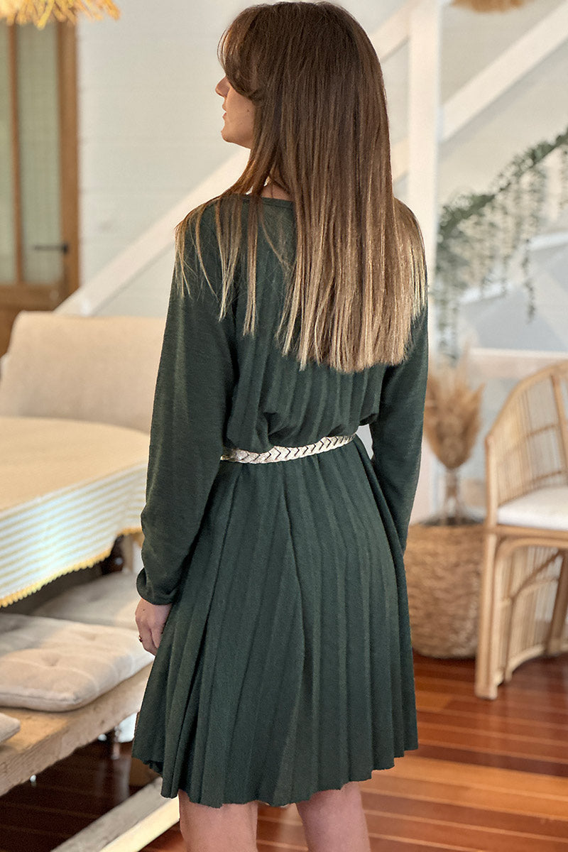 Olive Pleated Long-Sleeve Knit Dress with Metallic Woven Belt
