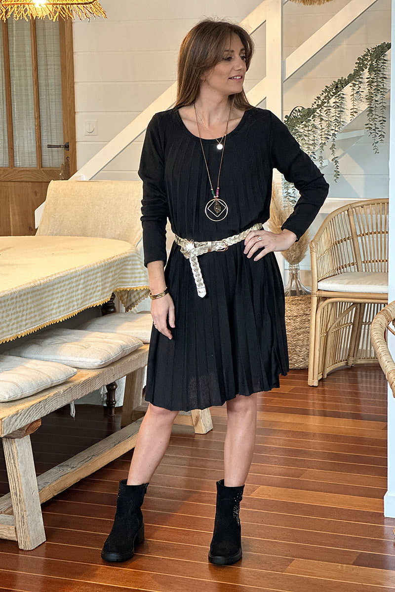 Black Pleated Long-Sleeve Knit Dress with Metallic Woven Belt