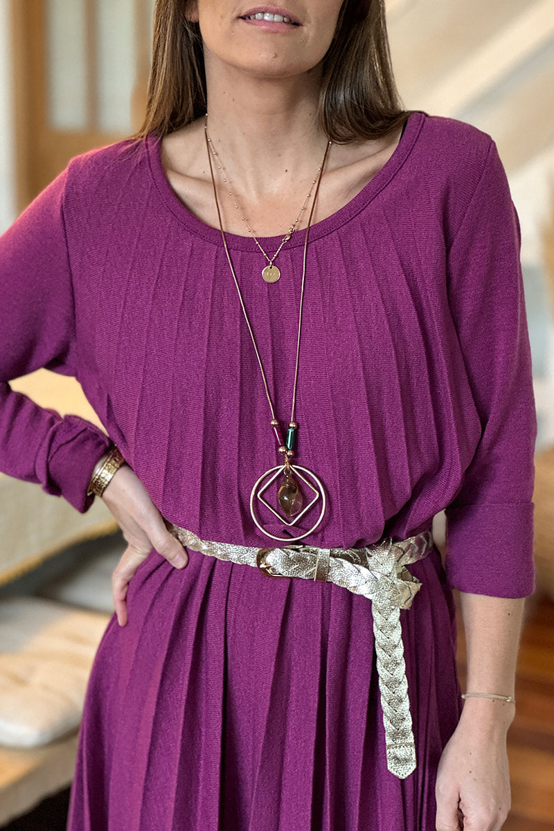 Aubergine Pleated Long-Sleeve Knit Dress with Metallic Woven Belt