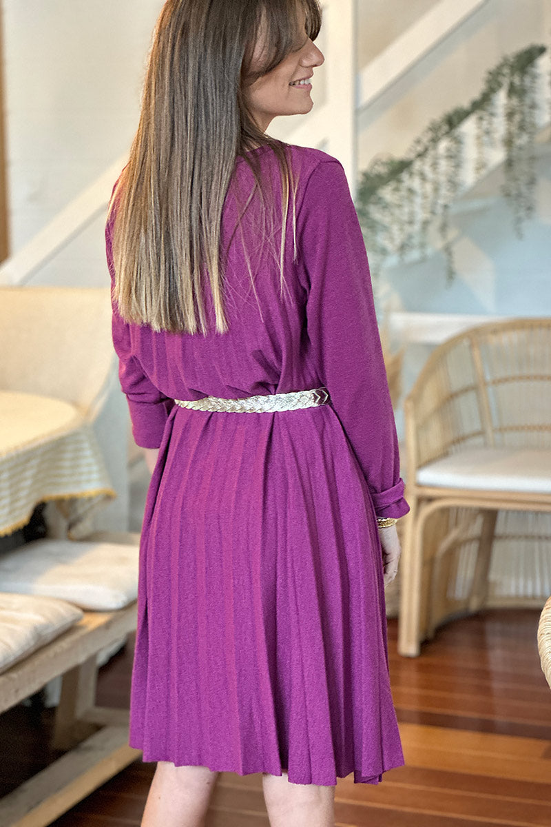 Aubergine Pleated Long-Sleeve Knit Dress with Metallic Woven Belt