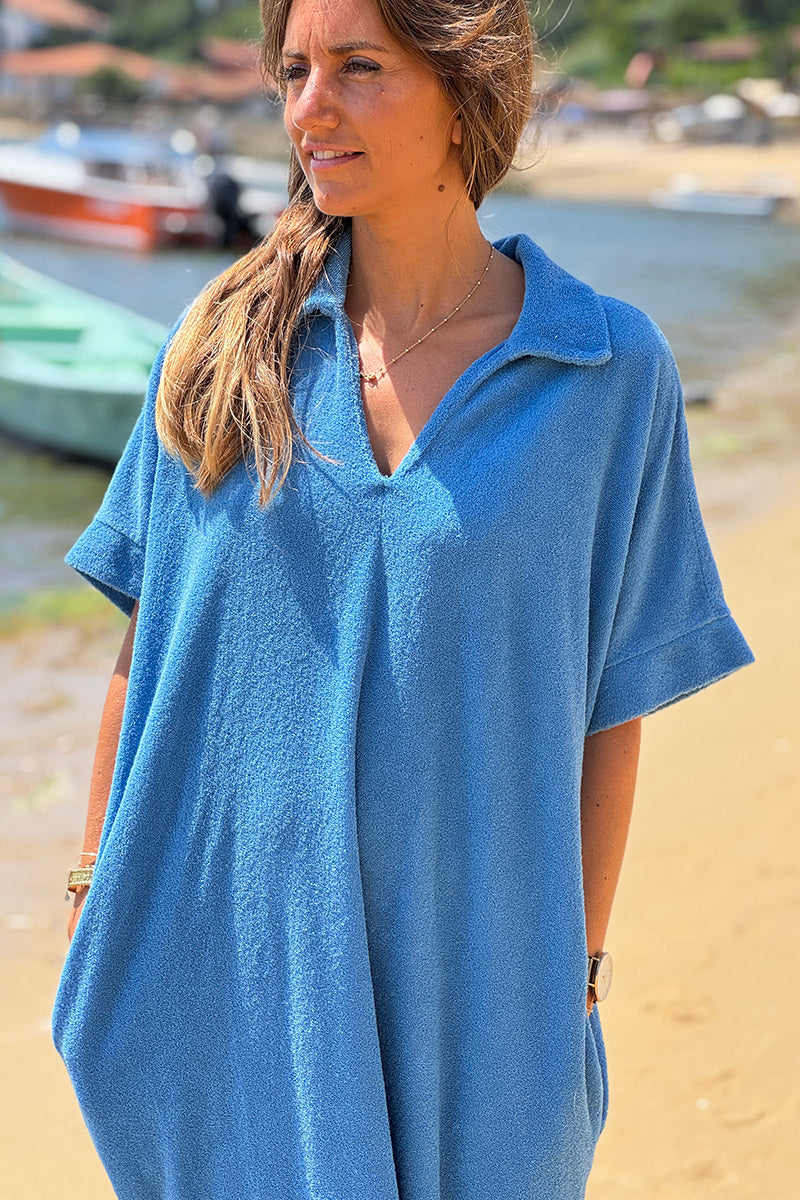 Blue Terry Cloth Collared Caftan