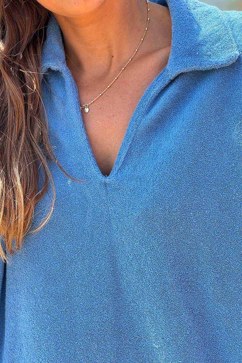 Blue Terry Cloth Collared Caftan