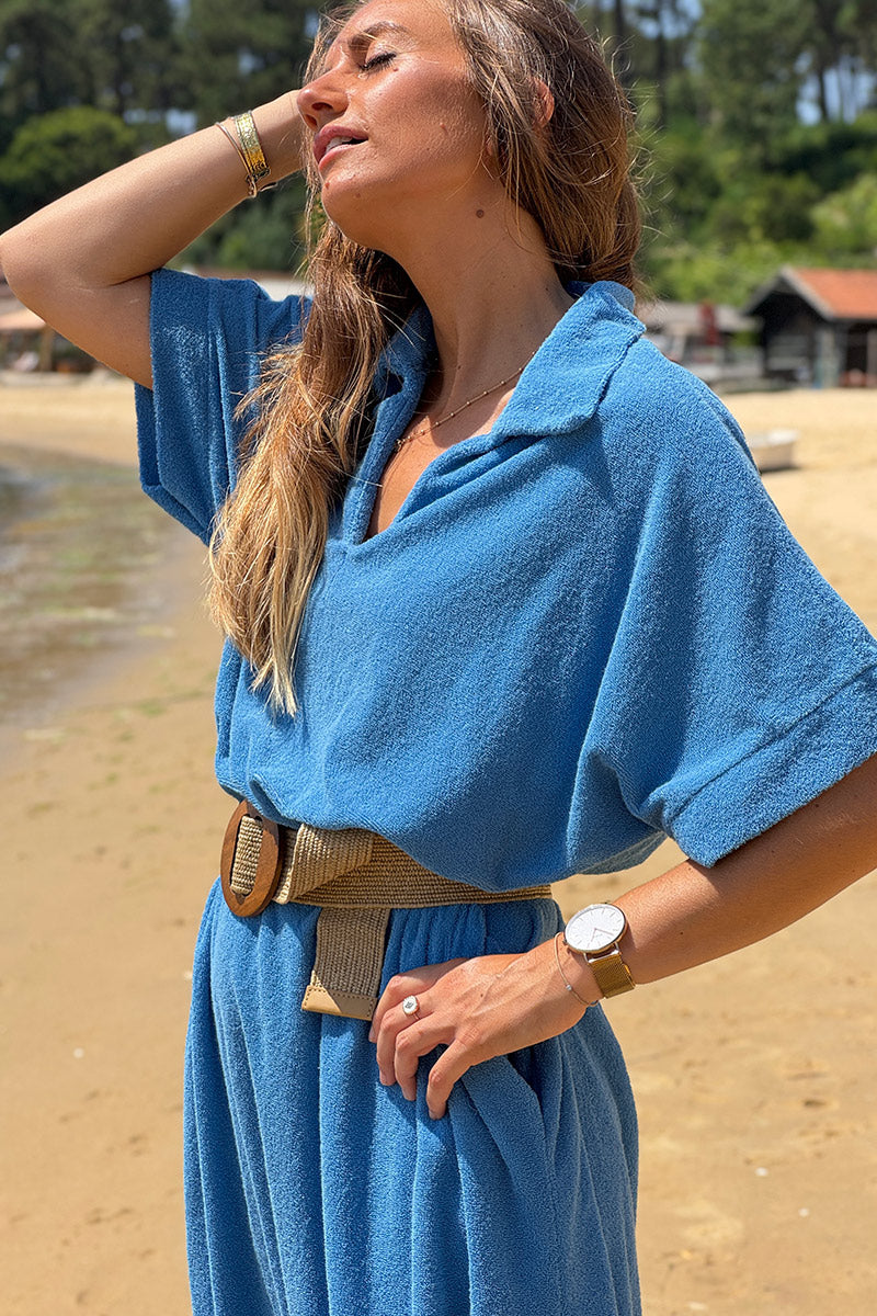Blue Terry Cloth Collared Caftan
