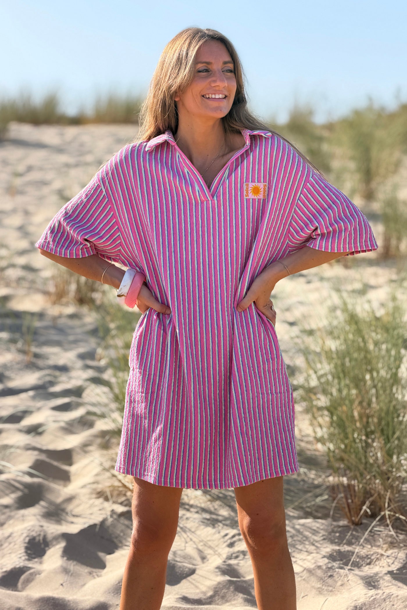 Pink Striped Terry Knit Collared Beach Tunic
