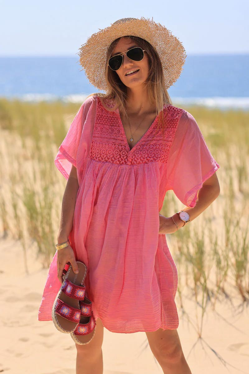 Robe framboise légère voile de coton haut dentelle