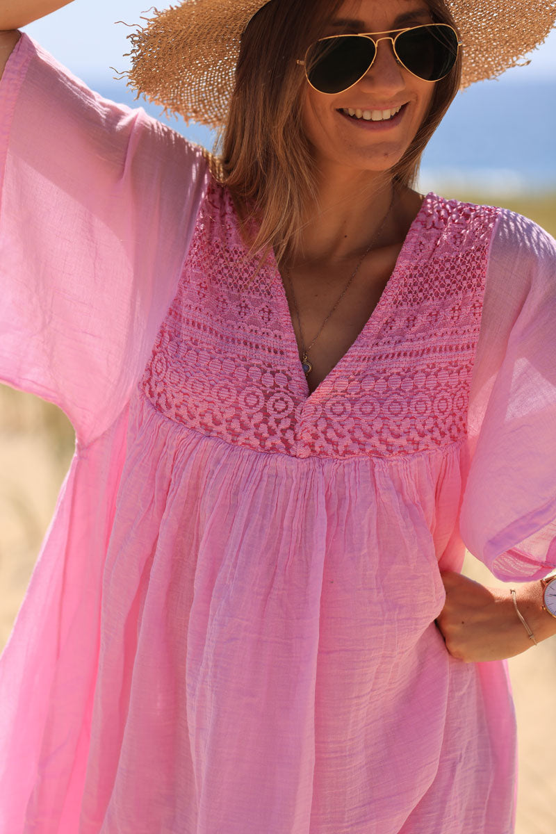 Robe rose légère voile de coton haut dentelle