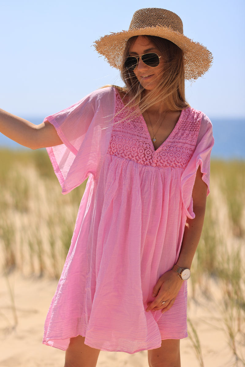 Robe rose légère voile de coton haut dentelle