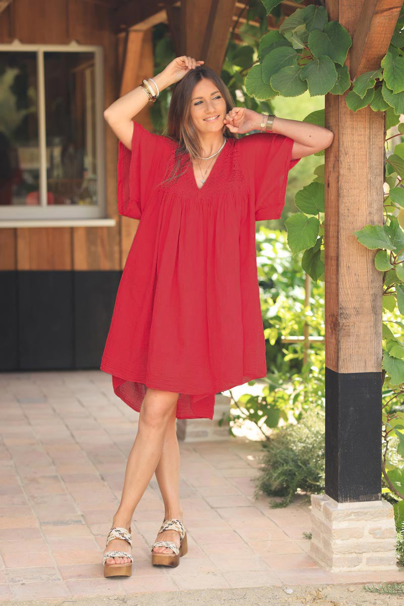 Red Floaty Cotton Dress with Lace Top