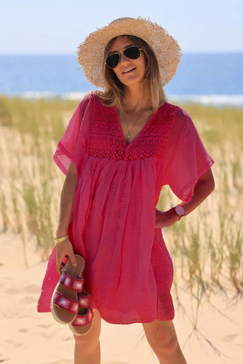 Raspberry Floaty Cotton Dress with Lace Top