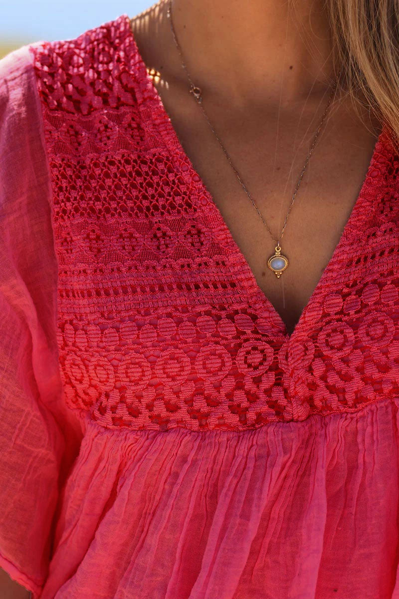 Raspberry Floaty Cotton Dress with Lace Top