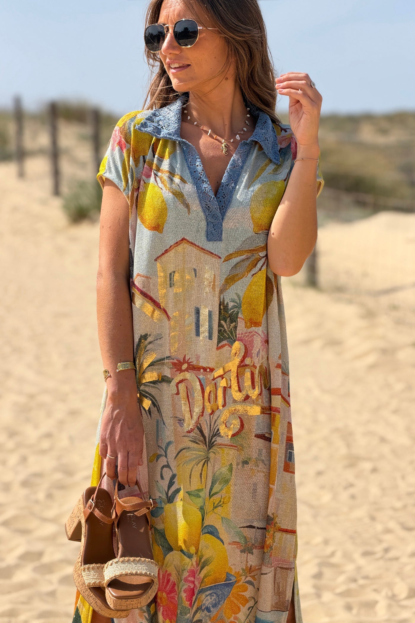 Robe sans manches brillante imprimé Italy citrons col chemise en dentelle