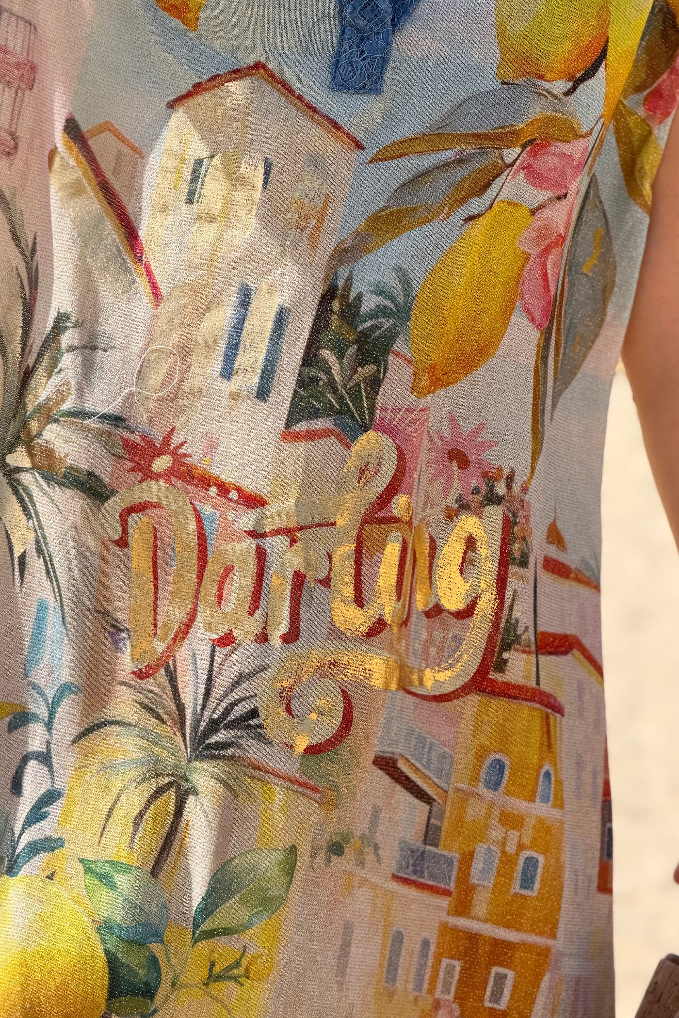 Robe sans manches brillante imprimé Italy citrons col chemise en dentelle