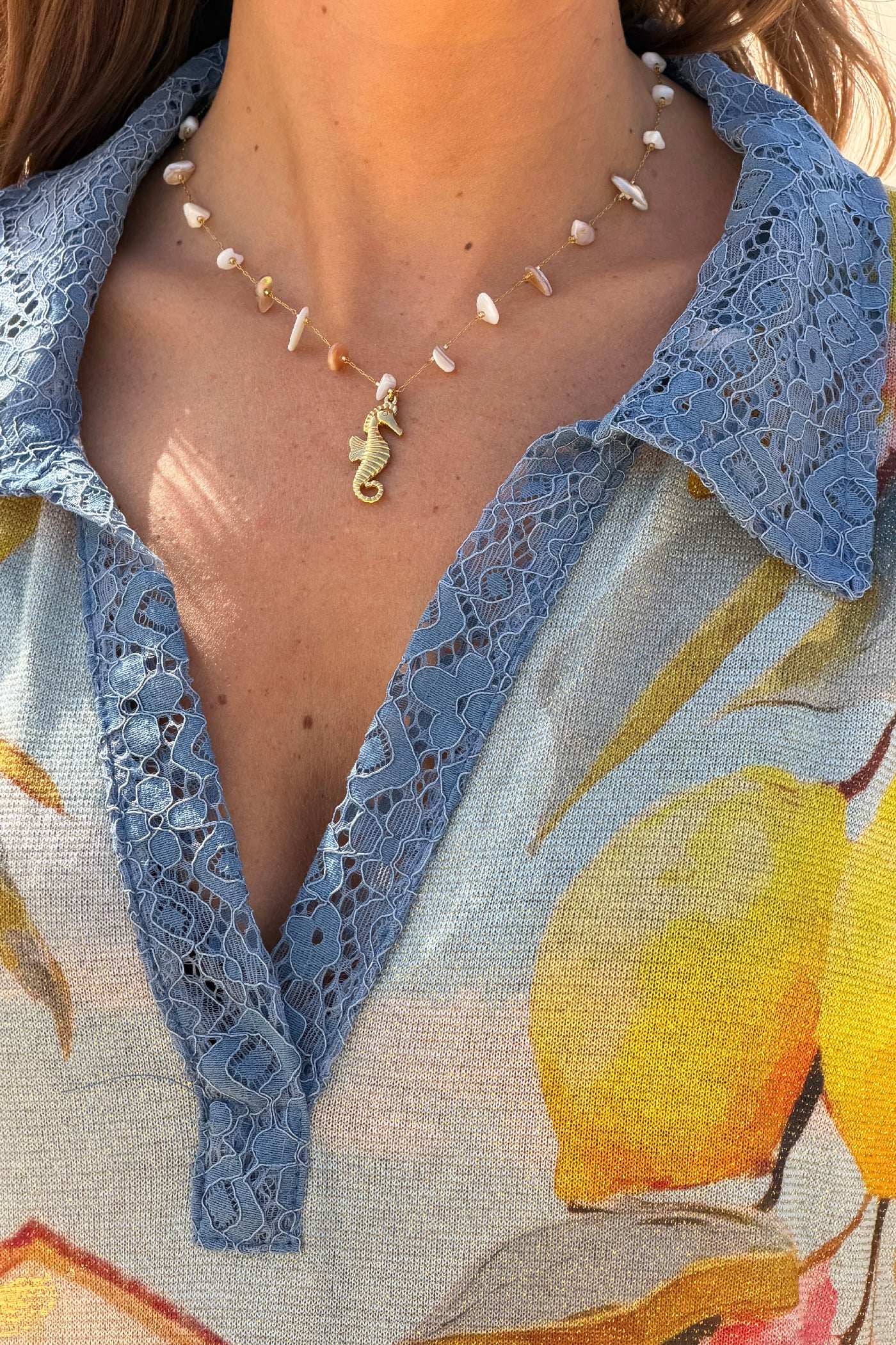 Robe sans manches brillante imprimé Italy citrons col chemise en dentelle