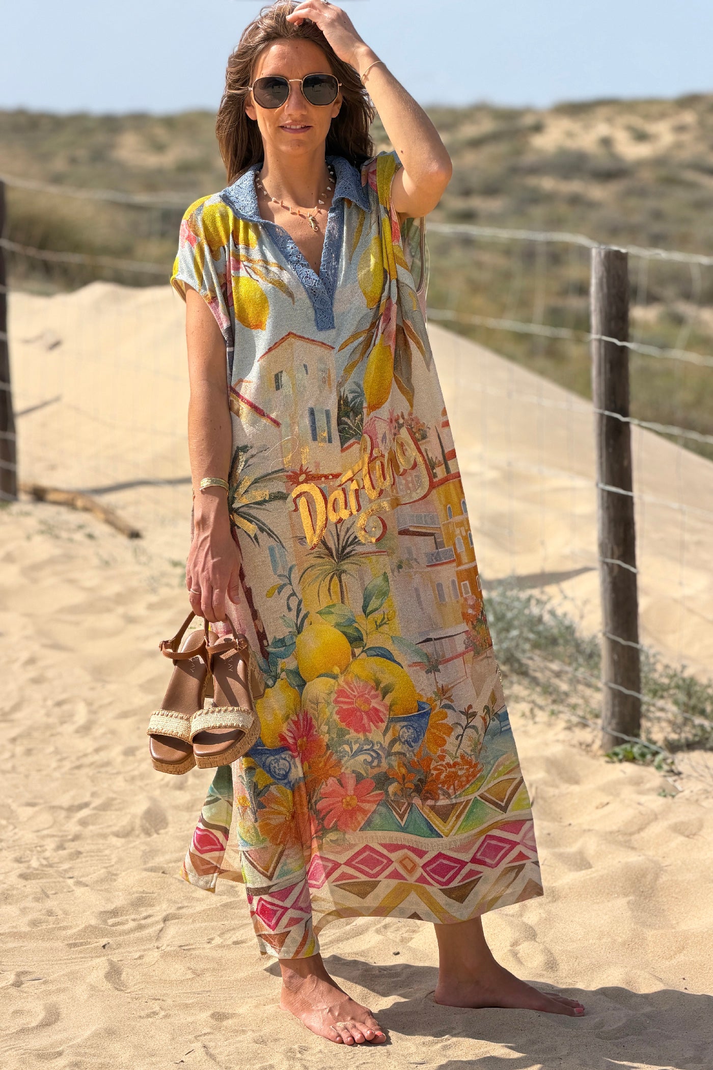 Robe sans manches brillante imprimé Italy citrons col chemise en dentelle