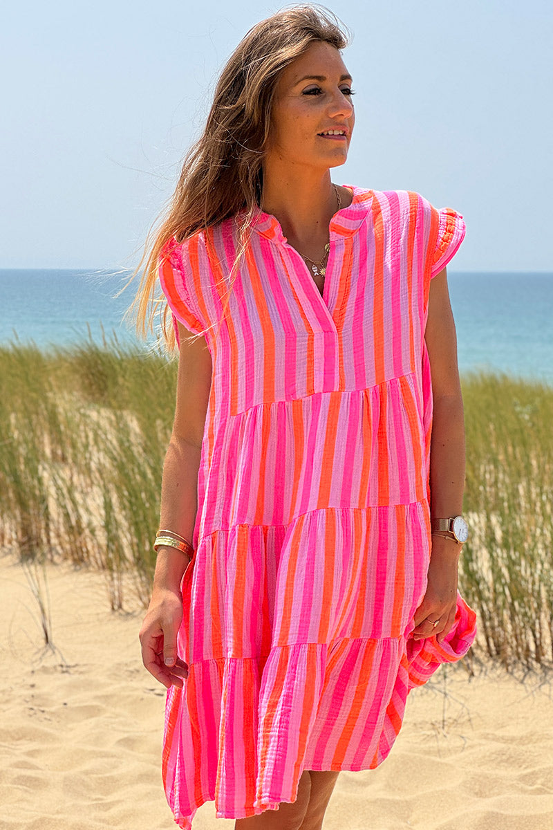 Robe sans manches en gaze de coton rayures rose et orange fluo