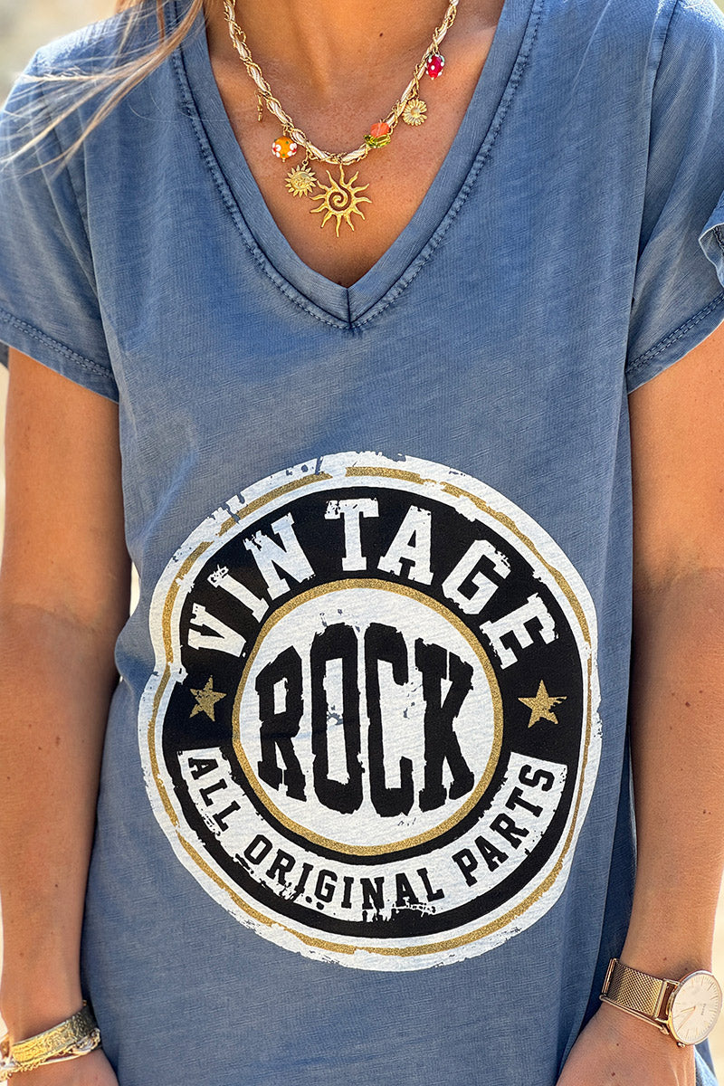 Robe tshirt longue bleu jean délavé logo vintage rock col v