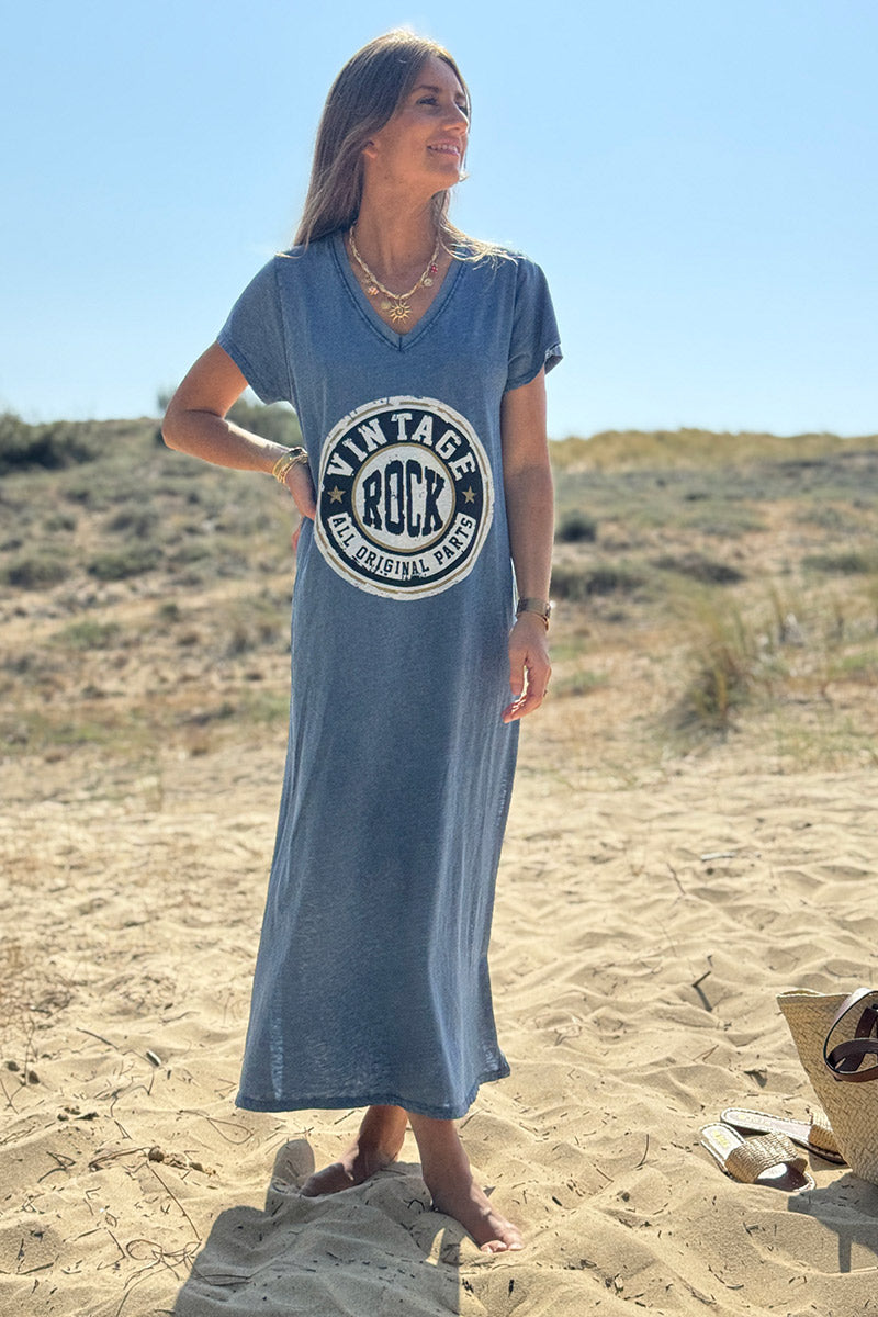 Robe tshirt longue bleu jean délavé logo vintage rock col v