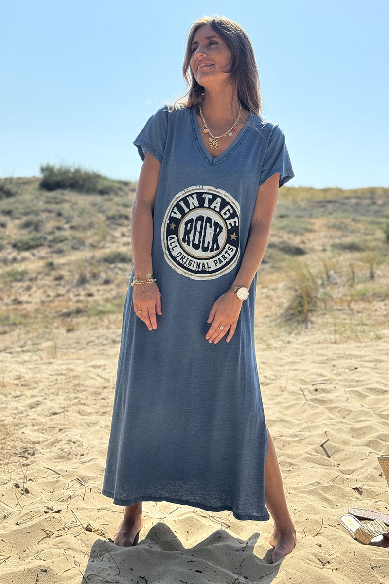 Robe tshirt longue bleu jean délavé logo vintage rock col v