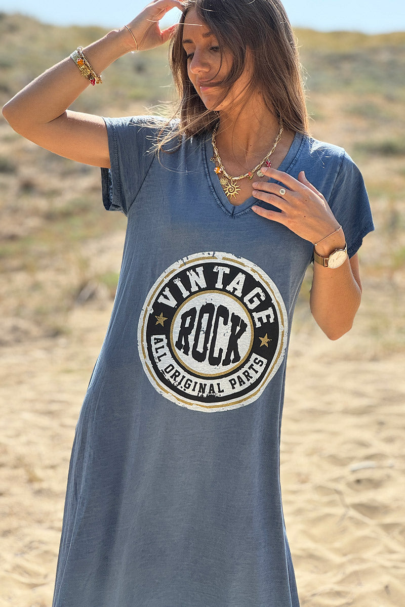 Robe tshirt longue bleu jean délavé logo vintage rock col v