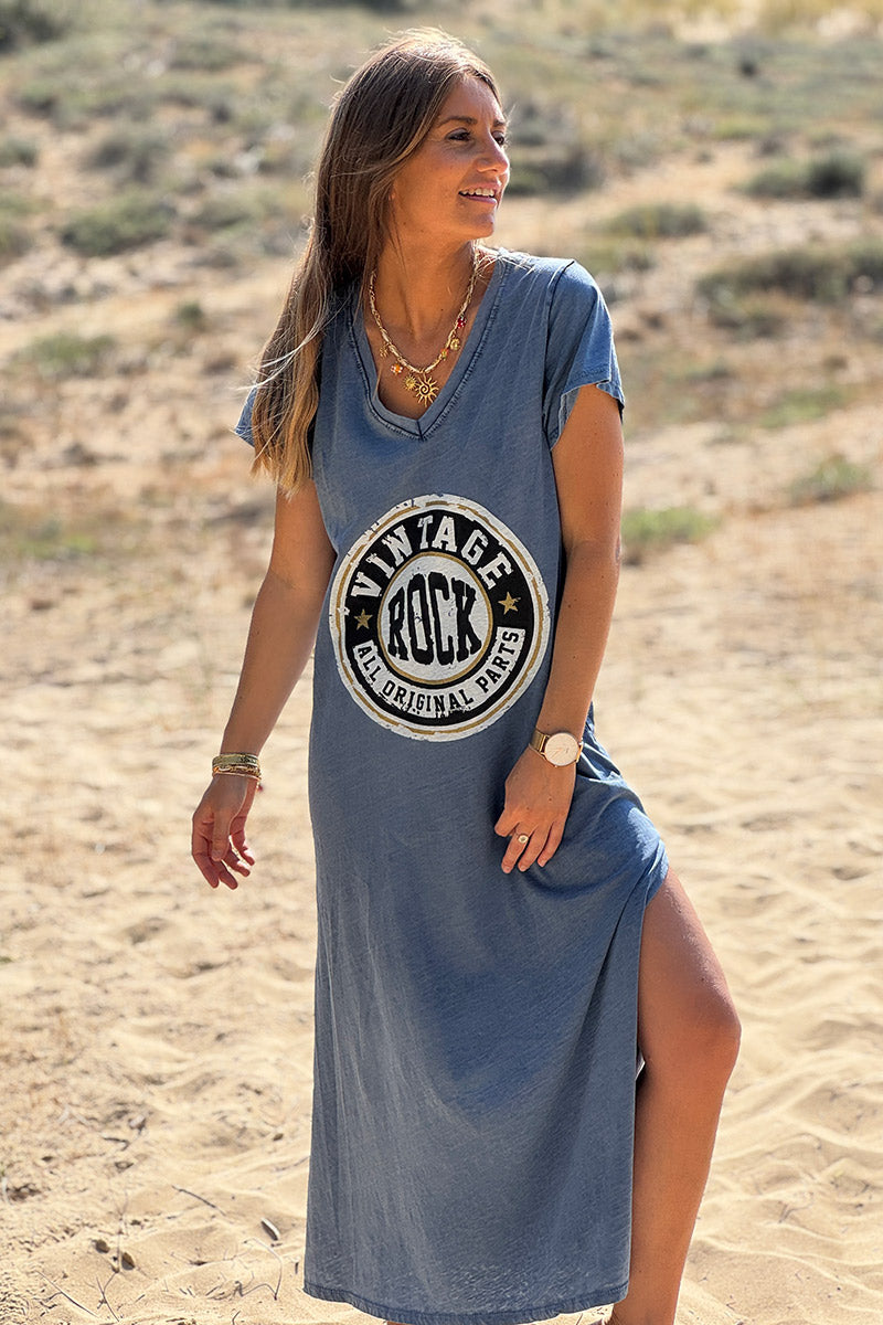 Robe tshirt longue bleu jean délavé logo vintage rock col v