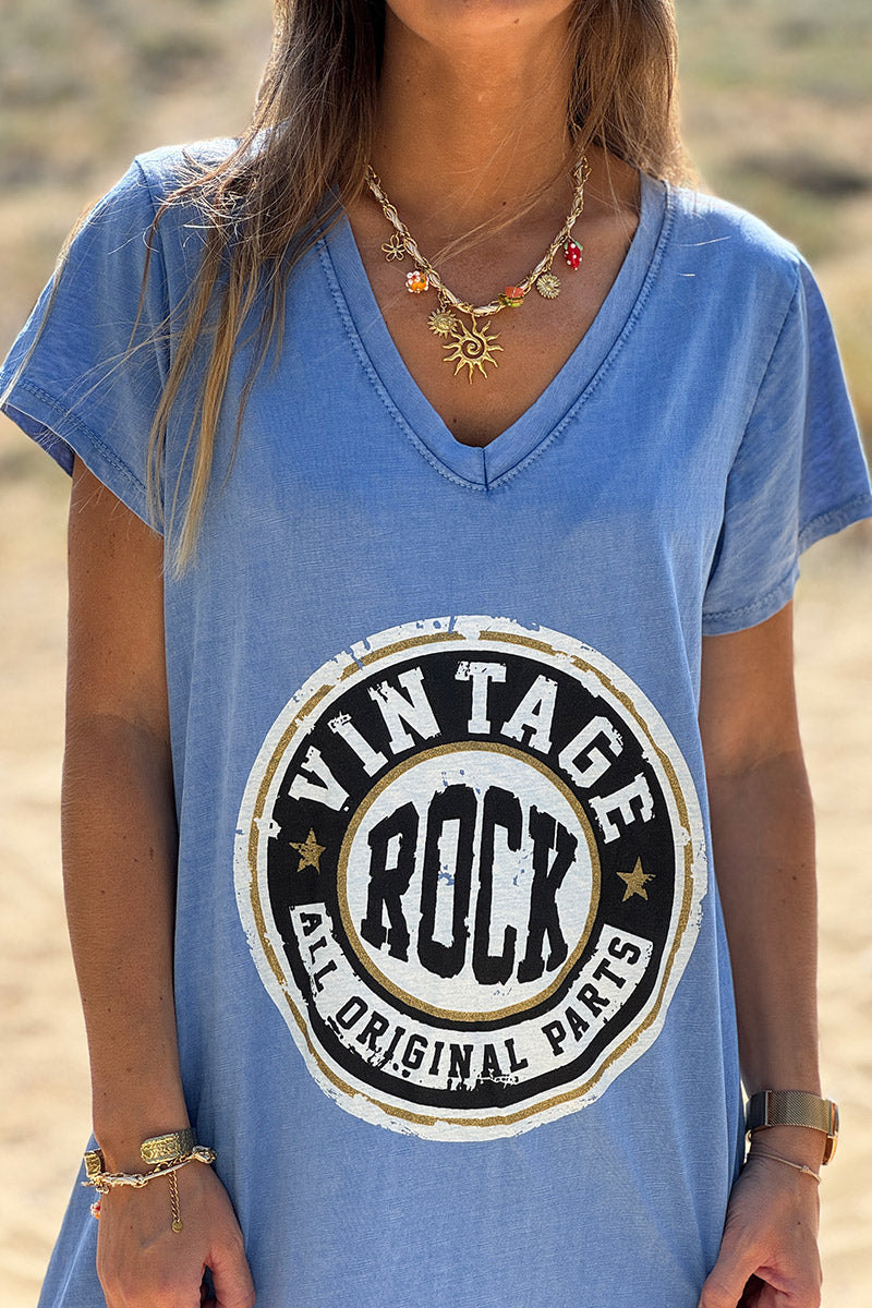 Robe tshirt longue bleu roi délavé logo vintage rock col v