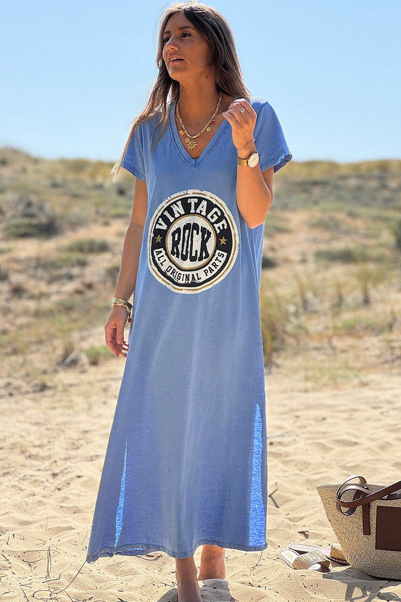 Robe tshirt longue bleu roi délavé logo vintage rock col v