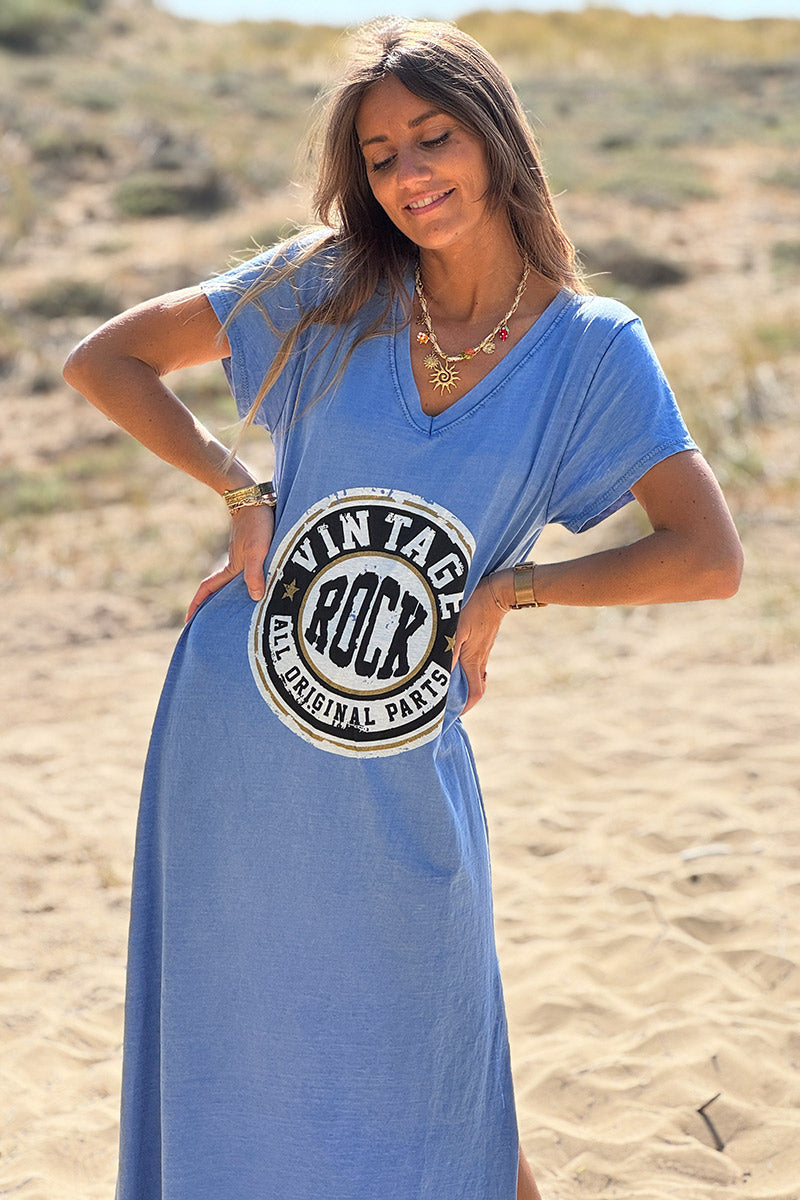 Robe tshirt longue bleu roi délavé logo vintage rock col v